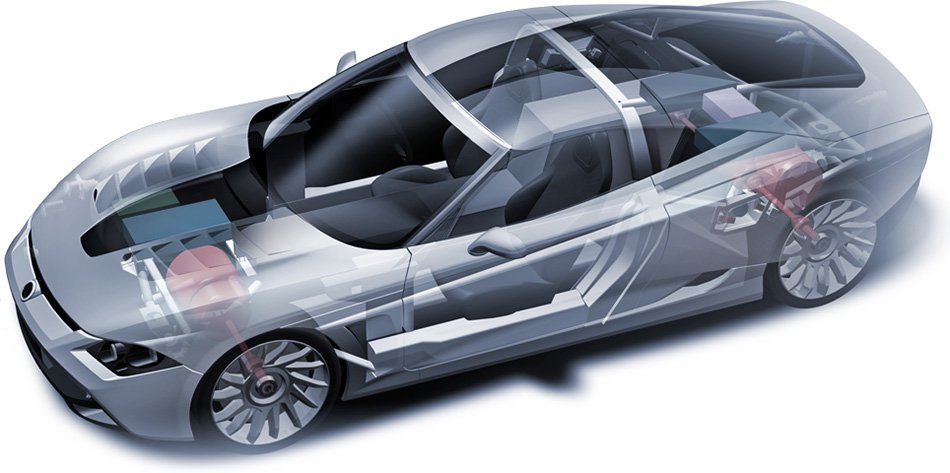 Antriebskonzept Elektro-Sportwagen der Oberklasse als Glasmodell.